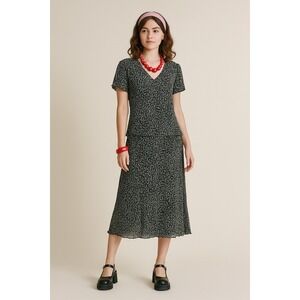 Studio 1940 Black White Crinkle Midi‎ Dress Drop Waist Lettuce Hem Vintage 90s